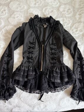 Black Lace-Trim Ruffled Jacket with Zip Front
